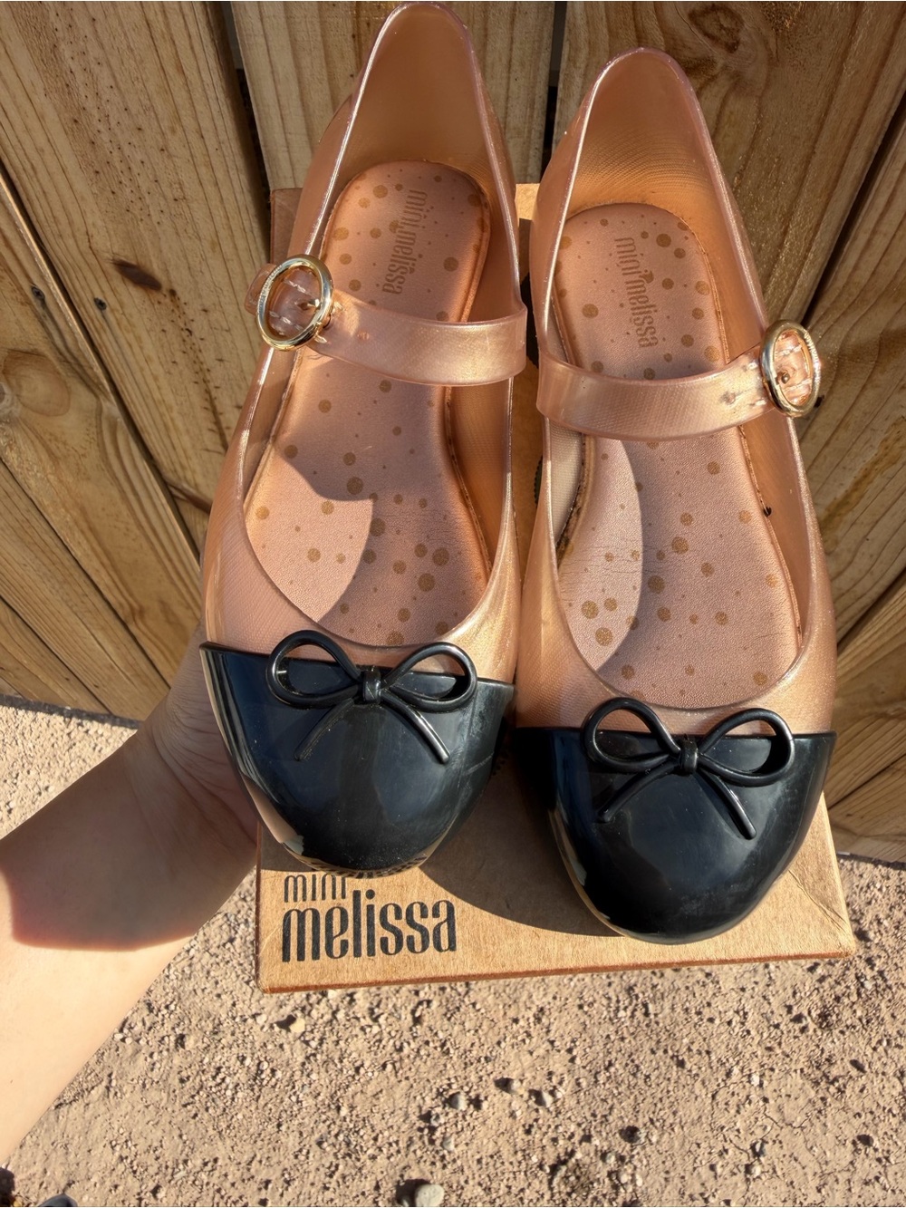 Mini Melissa Girls' Rose Gold Mary Janes with Black Bow Caps
